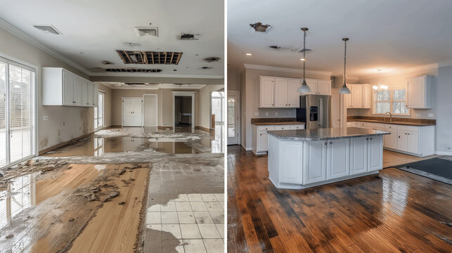 Before and after kitchen water damage restoration — Toronto home
